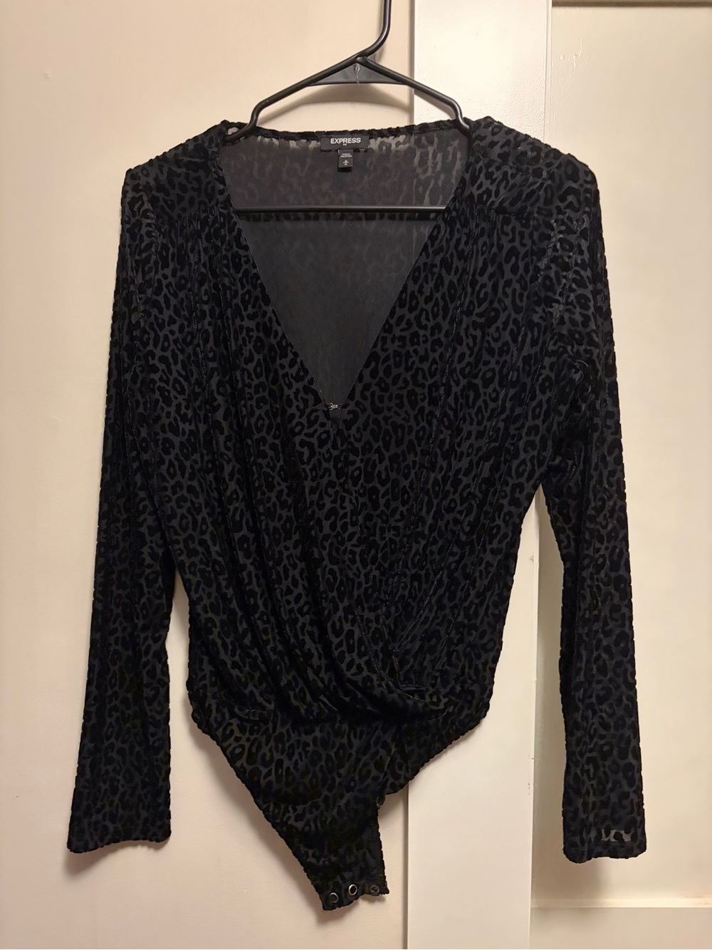 Express Black Leopard-Texture Wrap Bodysuit with V-Neck
